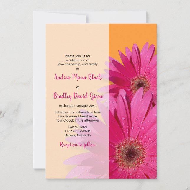 Orange mit Pink Gerbera Daisy Wedding Einladung (Vorderseite)