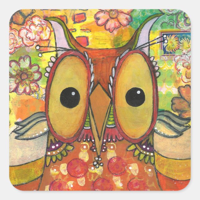 Orange Mixed Media Owl Quadratischer Aufkleber (Vorderseite)