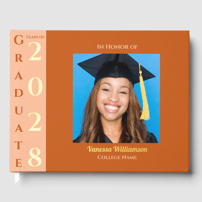 Orange Modern Photo Graduation Party Gold Foil Gue Gästebuch (Vorderseite)