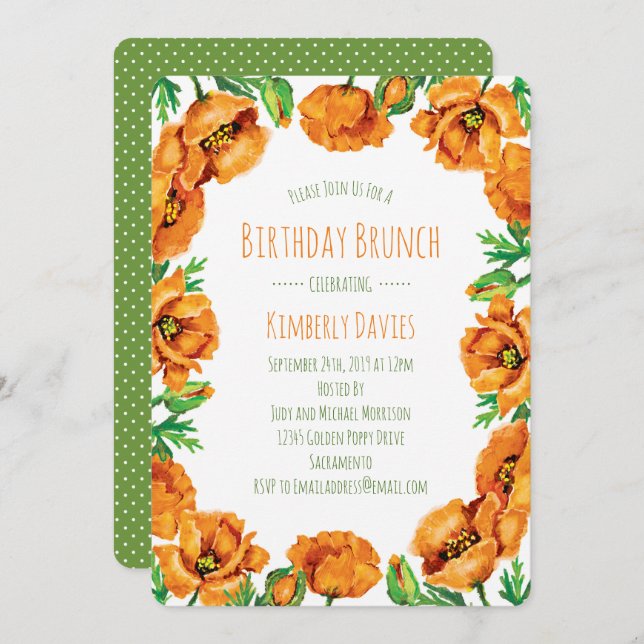Orange Mohn Dot Geburtstagsbrunch Einladung (Vorne/Hinten)