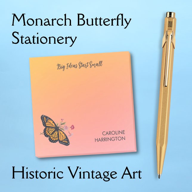 Orange Monarch Butterfly Gold Sunrise Inspirierend Post-it Klebezettel (These elegant Post-It notes feature a Victorian butterfly against a golden sunrise.)