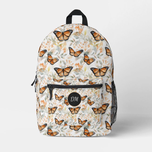 Orange Monarch Butterfly Muster Monogram Bedruckter Rucksack (Vorderseite)