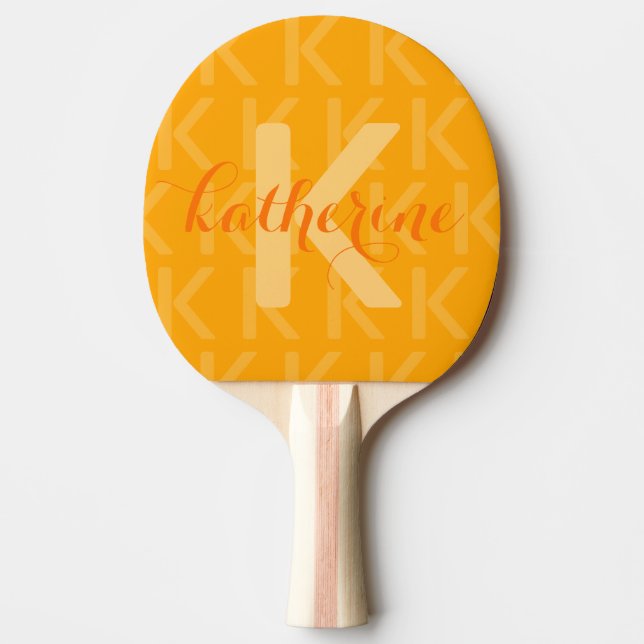 Orange Monogram Muster mit Name Ping Pong Paddle Tischtennis Schläger (Vorderseite)