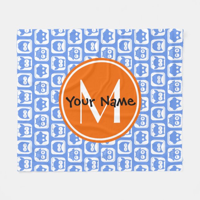 Orange Monogram Personalisiert Name Blue Owls Fleecedecke (Vorderseite (Horizontal))