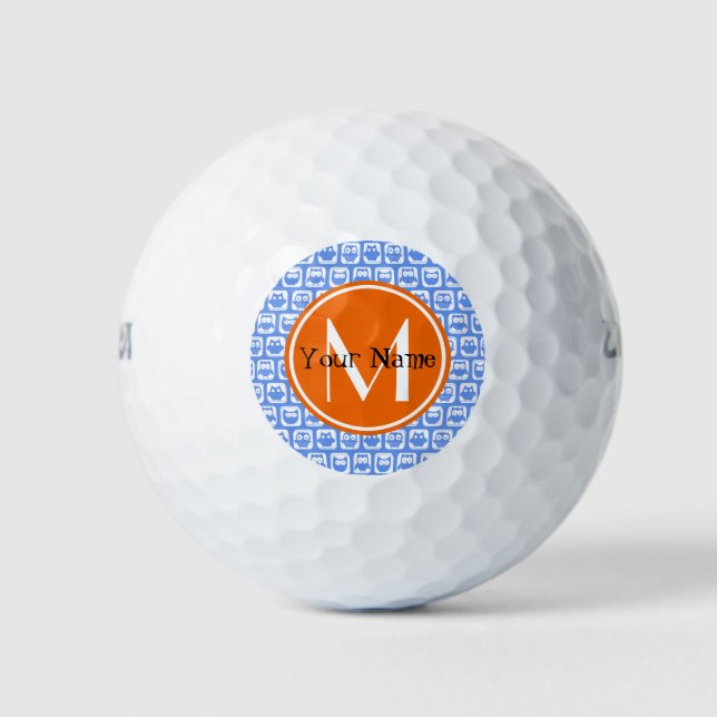 Orange Monogram Personalisiert Name Blue Owls Golfball (Vorderseite)