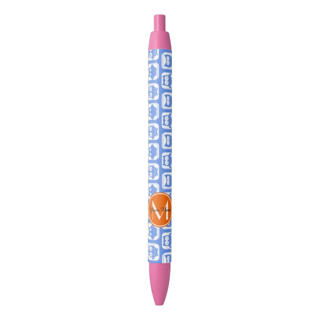 Orange Monogram Personalisiert Name Blue Owls Kugelschreiber (Vorderseite Vertikal)