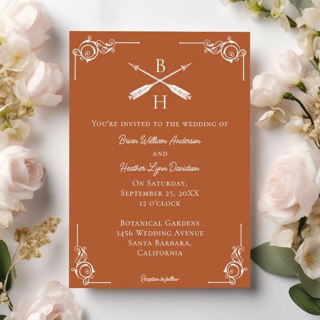 Orange Monogram und Arrows Wedding Einladung (Burnt Orange Monogram and Arrows Wedding Invitation)