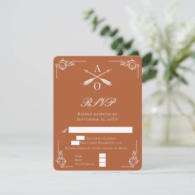 Orange Monogram und Arrows Wedding RSVP Card Karte (Stehend Vorderseite)