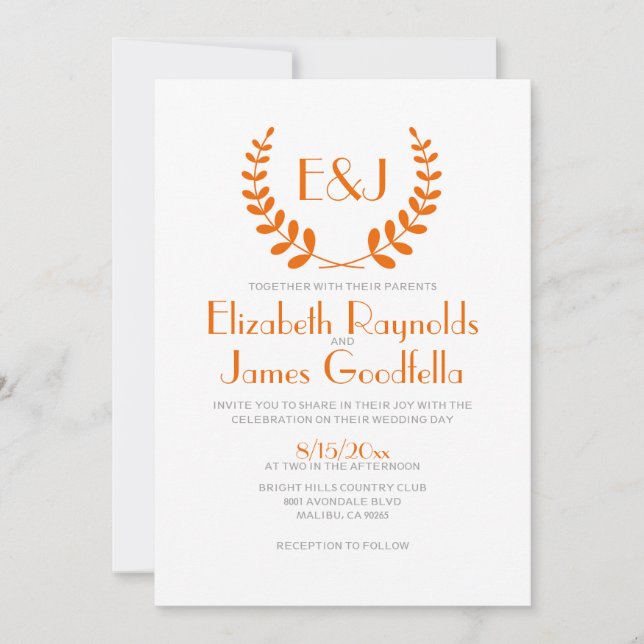 Orange Monogram Wedding Einladungen (Vorderseite)