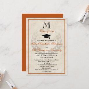 Orange Monogram Wreath Classic Uni-Abschluss Einladung