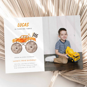 Orange Monster Truck Birthday Foto Einladung