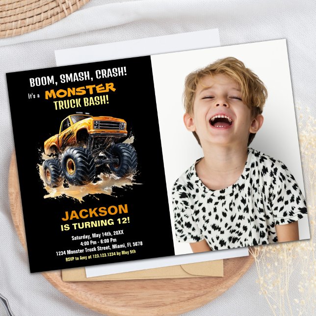 Orange Monster Truck Birthday Invitations Foto Einladung (Orange Monster Truck Birthday Invitations Photo)