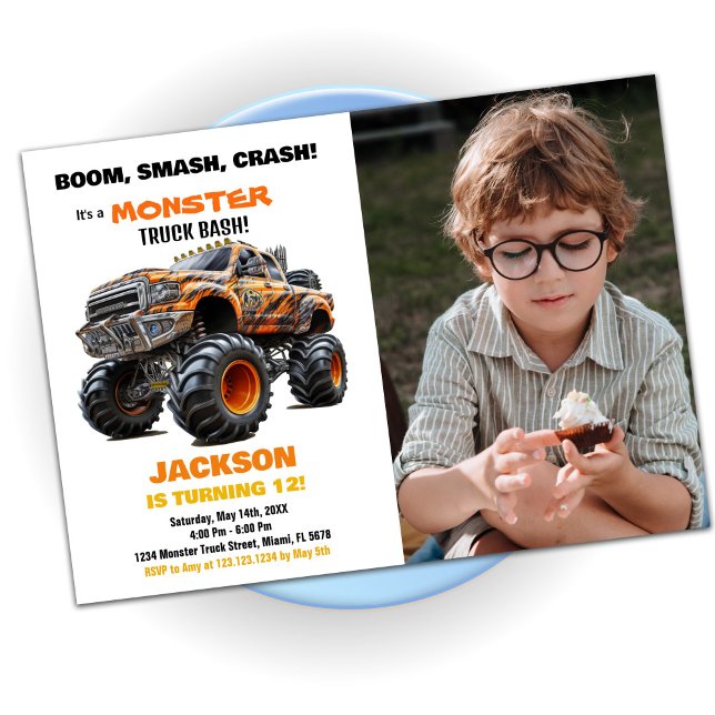 Orange Monster Truck Birthday Invitations Foto Einladung (Orange Monster Truck Birthday Invitations Photo)