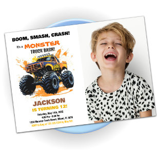 Orange Monster Truck Birthday Invitations Foto Einladung