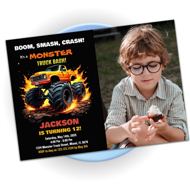 Orange Monster Truck Birthday Invitations Foto Einladung (Orange Monster Truck Birthday Invitations Photo)