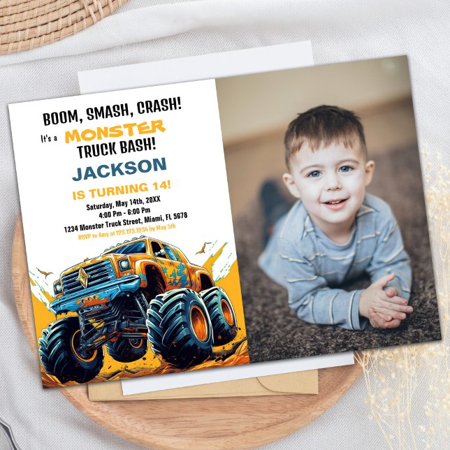 Orange Monster Truck Birthday Invitations Foto Einladung (Orange Monster Truck Birthday Invitations Photo)