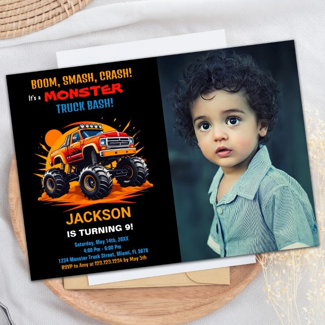 Orange Monster Truck Birthday Invitations Foto Einladung (Orange Monster Truck Birthday Invitations Photo)