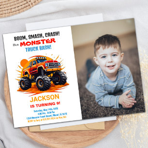 Orange Monster Truck Birthday Invitations Foto Einladung