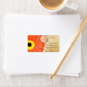 Orange Musical Gerber Daisy Monogram Adressaufkleber