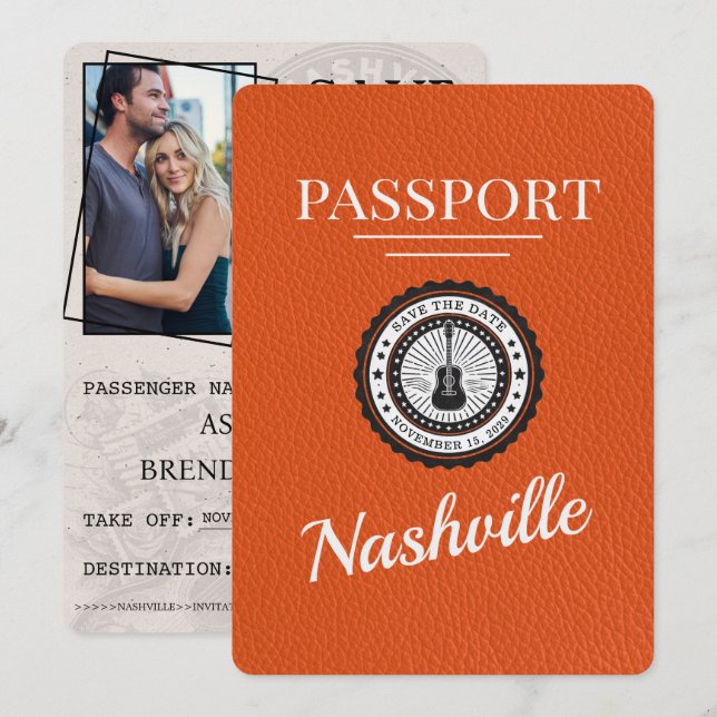 Orange Nashville Passport Save the Date (Vorne/Hinten)