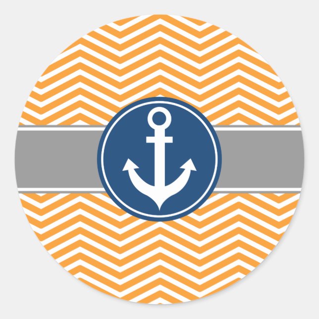 Orange Nautical Anchor Zickzack Runder Aufkleber (Vorderseite)
