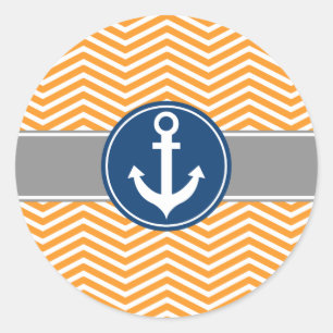 Orange Nautical Anchor Zickzack Runder Aufkleber