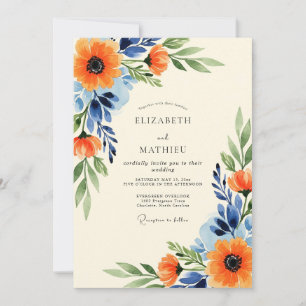 Orange Navy Blau Üppige Florale Hochzeit Einladung