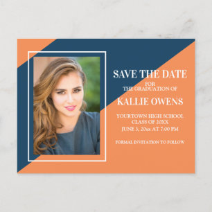 Orange Navy Blue Abschluss Save the Date Ankündigungspostkarte