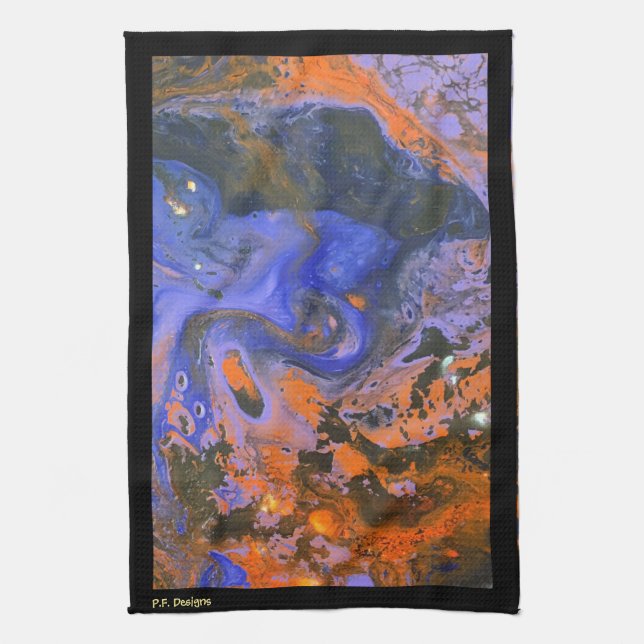 Orange, Navy, Blue Brown, Abstrakt Black Acrylic Geschirrtuch (Vertikal)