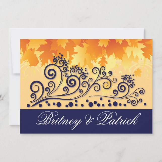 Orange & Navy Blue Herbstlaubs Hochzeiten Einladun Einladung (Vorderseite)