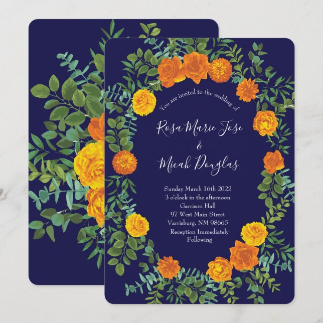 Orange Navy Blue Peony Rose Floral Wedding Einladung (Vorne/Hinten)