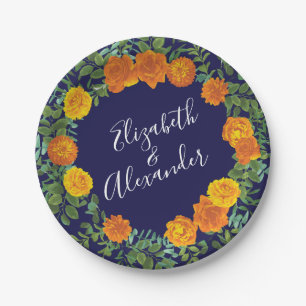 Orange Navy Blue Peony & Rose Floral Wedding Pappteller