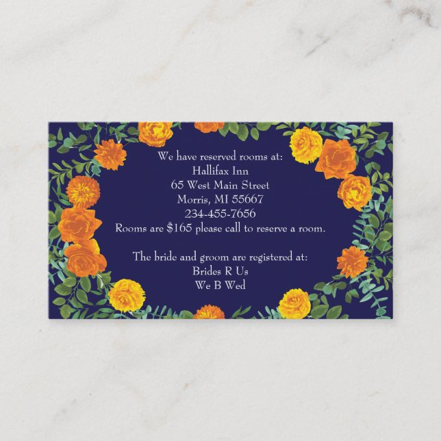 Orange & Navy Blue Peony Rose Hochzeitsszenario Begleitkarte (Vorderseite)
