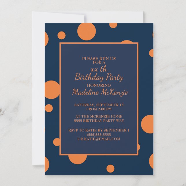 Orange Navy Blue Polka Dot Birthday Party Einladun Einladung (Vorderseite)