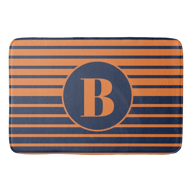 Orange Navy Blue Strip Monogram Bath Mat Badematte (Vorderseite)