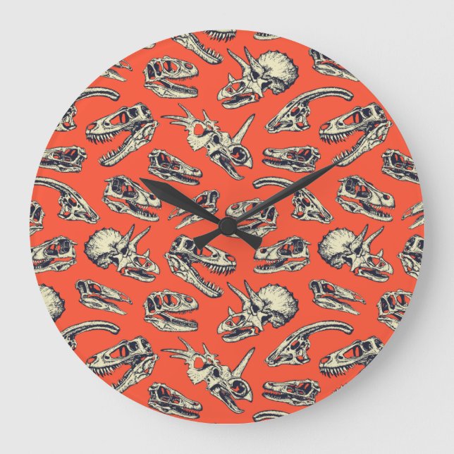 Orange & Navy Dinosaurier Skulls Große Wanduhr (Vorderseite)