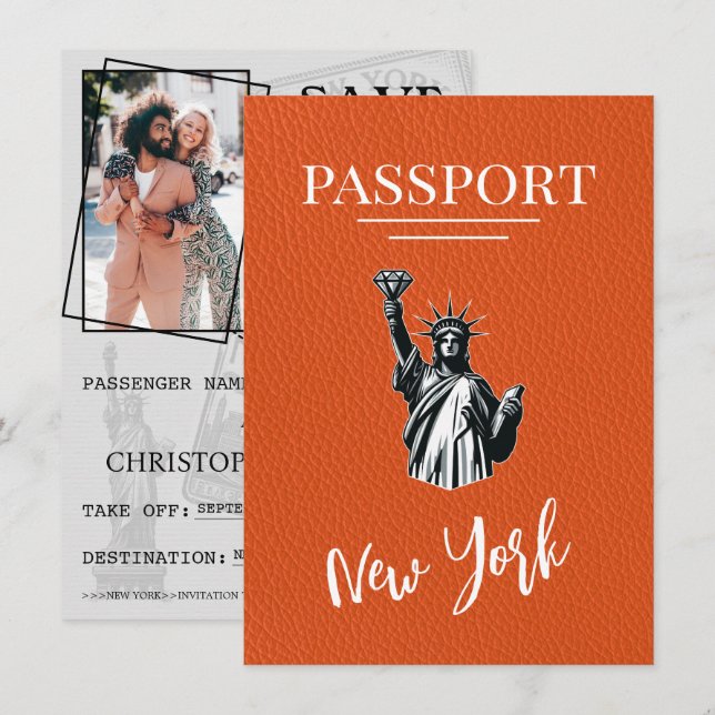 Orange New York City Passport Save the Date (Vorne/Hinten)