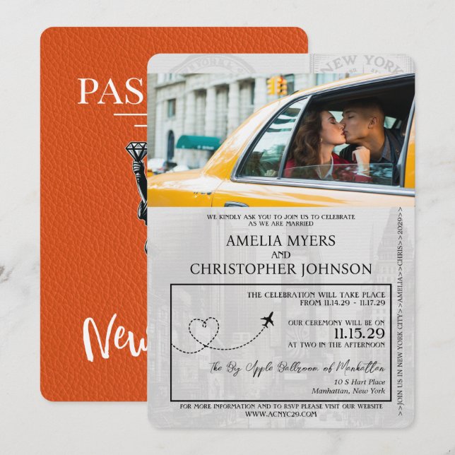 Orange New York City Passport Wedding Einladung (Vorne/Hinten)