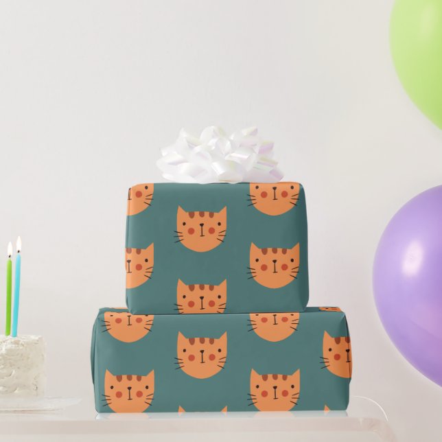 Orange Niedlich Cat Green Geschenkpapier (Partygeschenke)