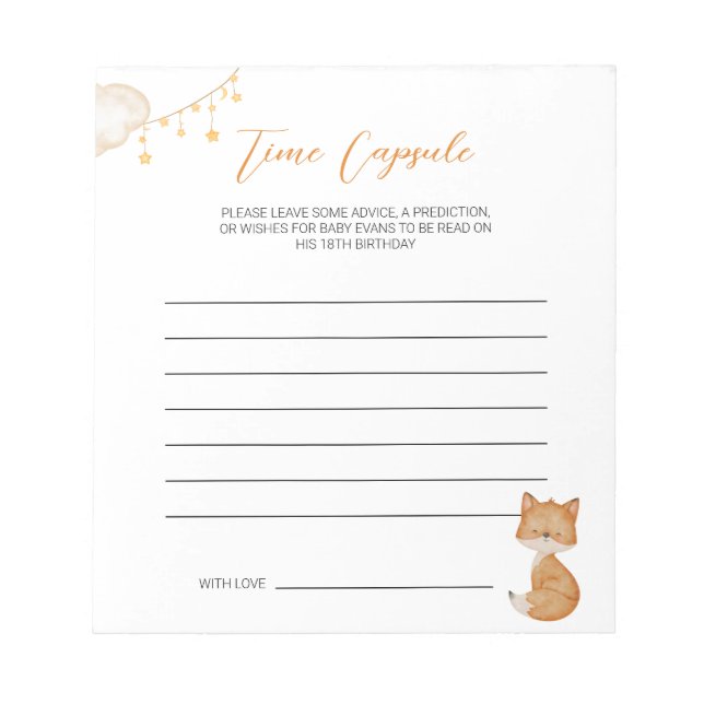Orange Niedlich Fox Baby Shower Time Kapsel Notizblock (Vorderseite)