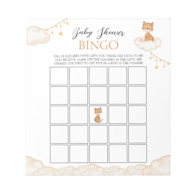 Orange Niedlich Fox Babydusche Bingo Notepad Notizblock (Vorderseite)