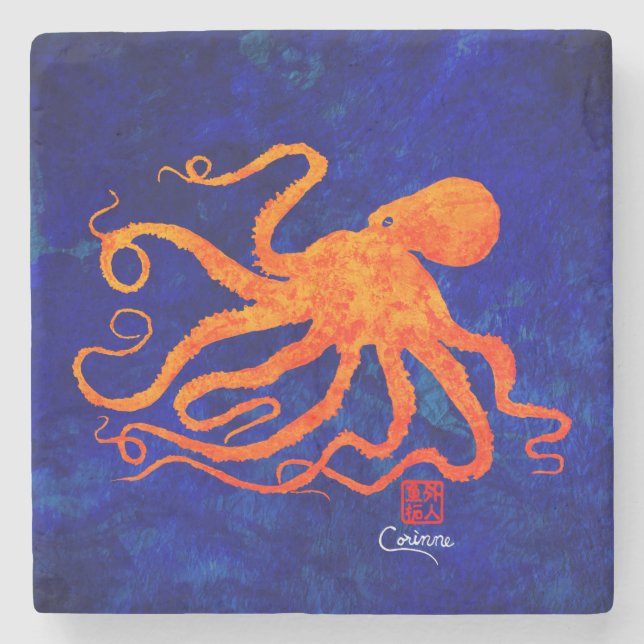 Orange Octopus - Marmor-Untersetzer Steinuntersetzer (Vorderseite)