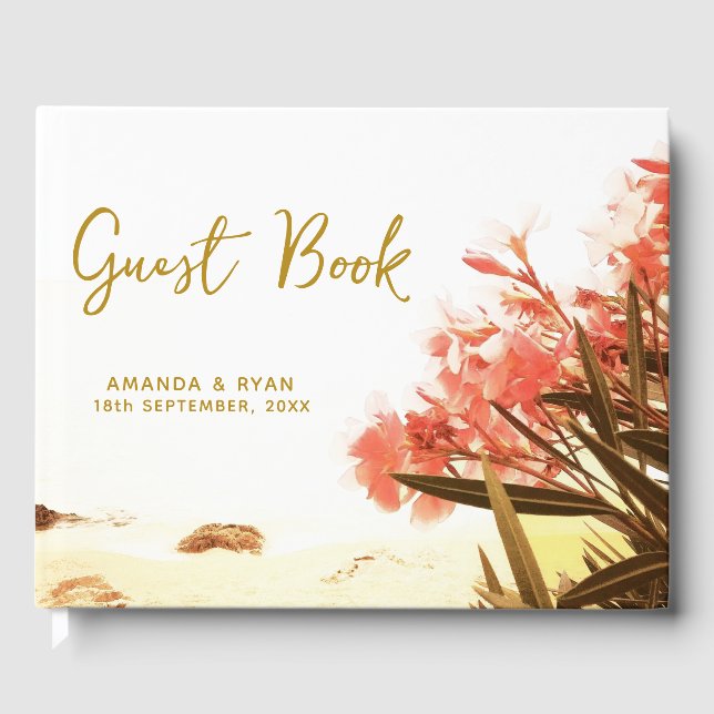 Orange Oleander Blume am Strand Hochzeit Gästebuch (Vorderseite)