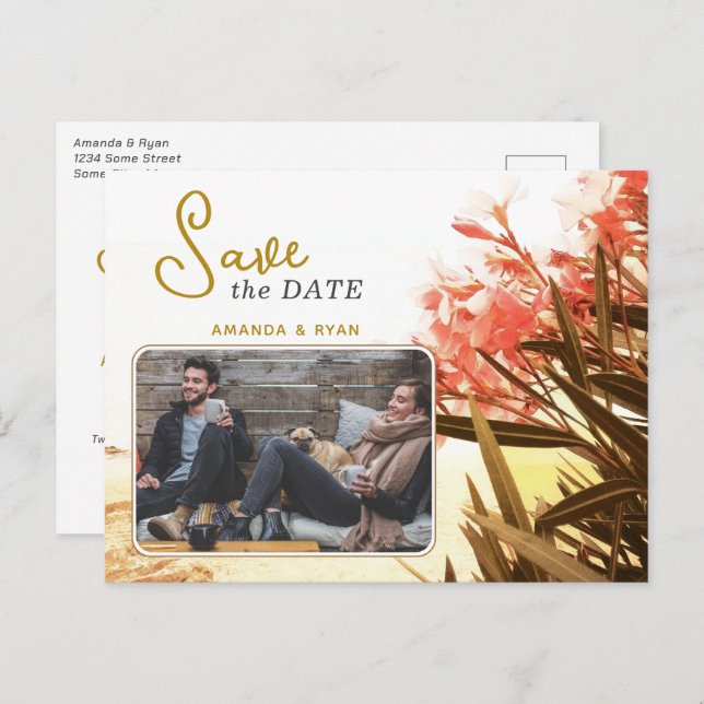 Orange Oleander Blume Foto Wedding Save the Date Ankündigungspostkarte (Vorne/Hinten)