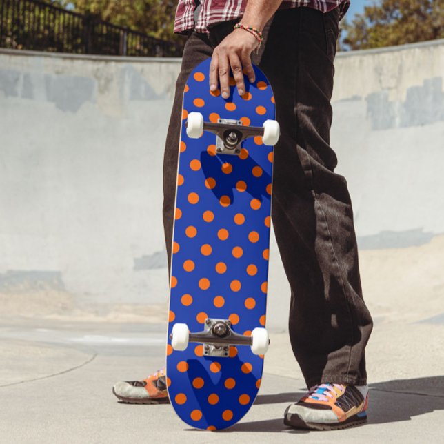 Orange On Blue Polka Dots Pattern Design  Skateboard (Von Creator hochgeladen)