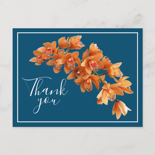 Orange Orchids Blue Background Vielen Dank Postkarte (Vorderseite)