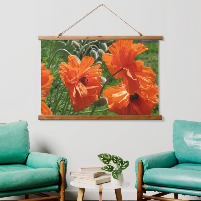 Orange Orientalische Poppies Holzrahmen Wandteppich Mit Holzrahmen (Wohnzimmer)