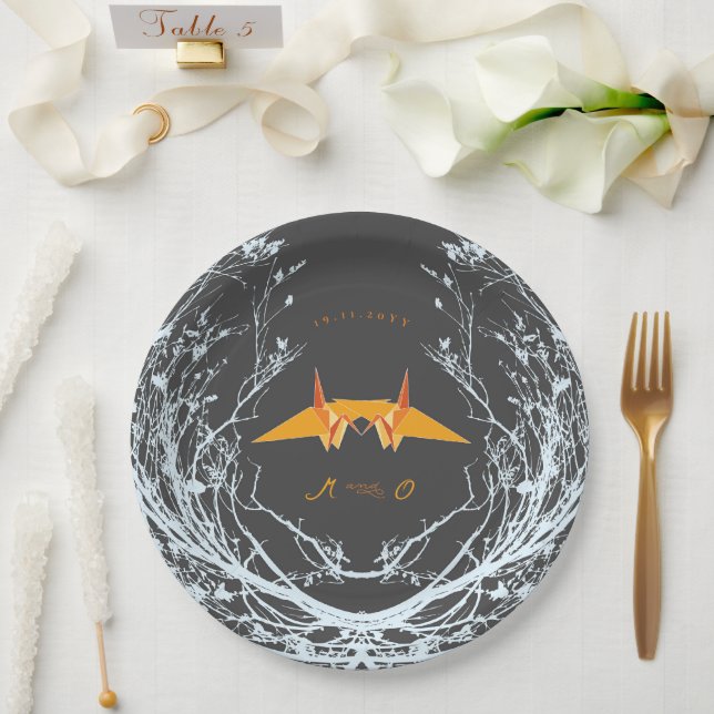 Orange Origami Paper Cranes Branches Asian Wedding Pappteller (Hochzeit)