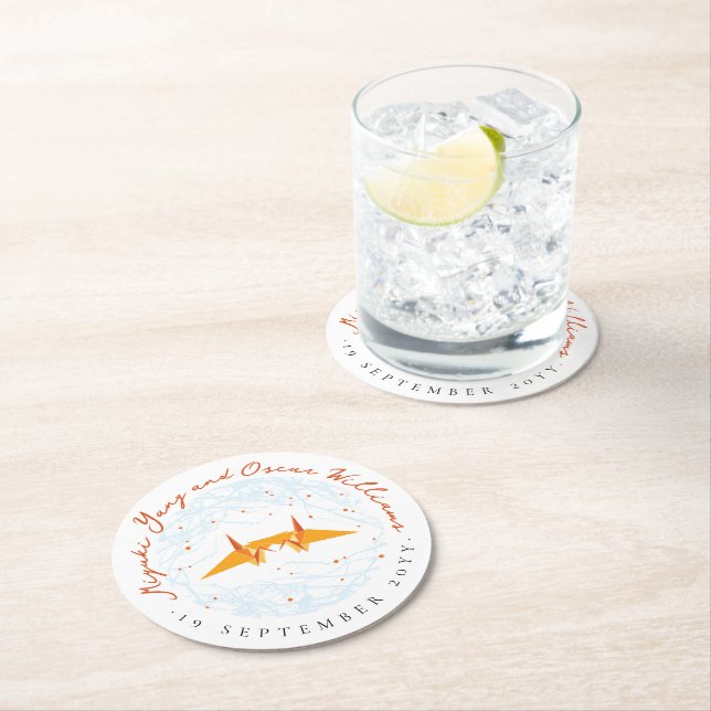 Orange Origami Paper Cranes Branches Asian Wedding Runder Pappuntersetzer (Vor Ort)