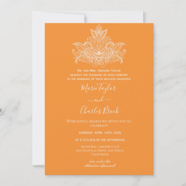 Orange Paisley Indian Wedding Einladung (Vorderseite)